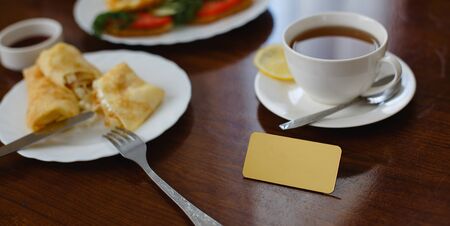 A banner. Breakfast at the hotel. Place for a logo or text. High quality photoの写真素材