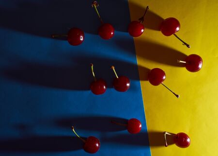 cherry on blue and yellow background with shadows effect. High quality photoの写真素材