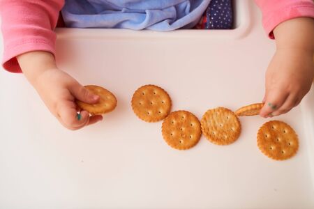 children's hands hold cookie crackers. High quality photo