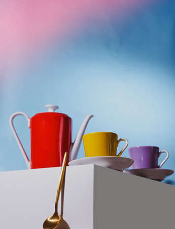 Geyser coffee maker and red cup for coffee shop stand on a white cube. High quality photoの写真素材