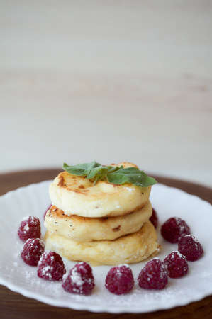 Juicy curd cheesecakes lie on a white saucer with raspberries and mint leaf. Light background. High quality photoの写真素材