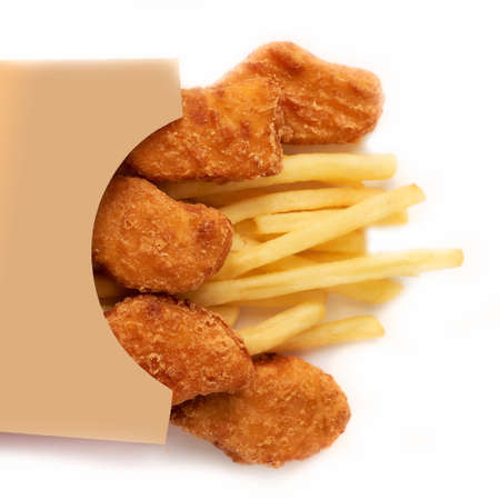 BBQ fried chicken naggets with fries. With copy space.の写真素材