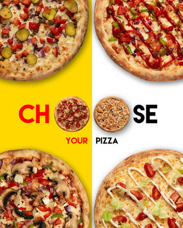 Pizza adversiting illustration on a background with slogan Choose your pizza. Top view.Very high quality photo.の写真素材