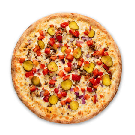 Pizza with sausages and red onion on a white background. Top view.Very high quality photo.の写真素材