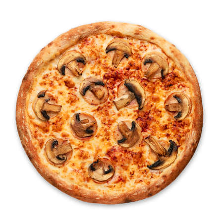 Pizza with mashrooms on a white background. Top view.Very high quality photo.の写真素材
