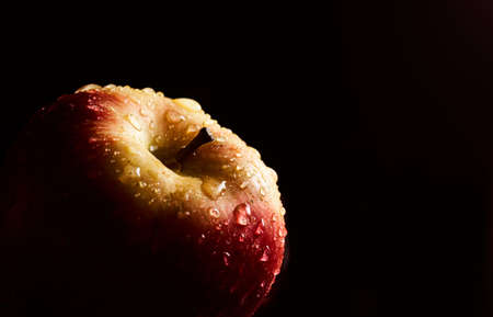 Red ripe apple with drops of water on a dark background. With copy space. High quality photoの写真素材