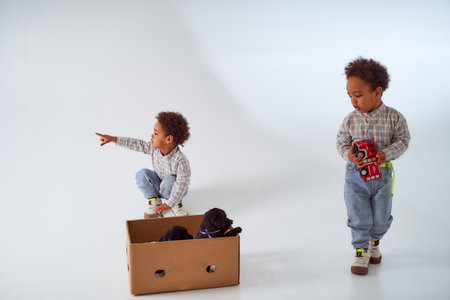 Two little African American boys play with black Labrador puppies. high quality photoの写真素材