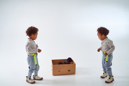 Two little African American boys play with black Labrador puppies. high quality photoの写真素材