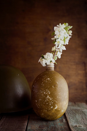 Red tulip in a soldier's military flask with St. George ribbons. high quality photoの写真素材
