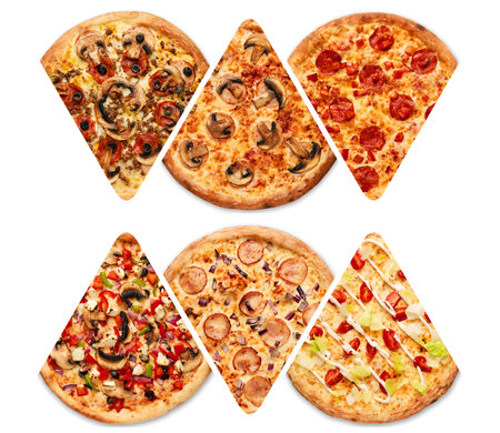 Cut into slices of delicious fresh pizza with pepperoni on a white background. topview. Pizza on the white table. high quality photoの写真素材