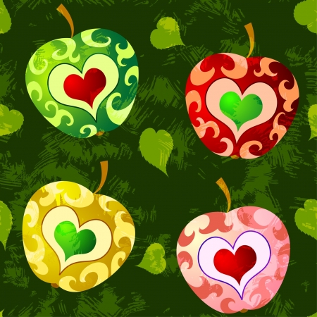 Seamless vector illustration of colored apples with hearts のイラスト素材