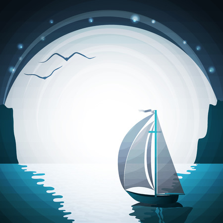 Abstract vector night seascape with yacht and moon.のイラスト素材