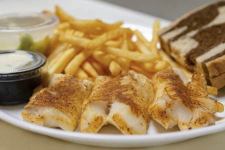 Bar food:  Baked fish plate with french fries, marbled rye bread, french fries, coleslaw, lemon wedges, and tartar sauce.の写真素材