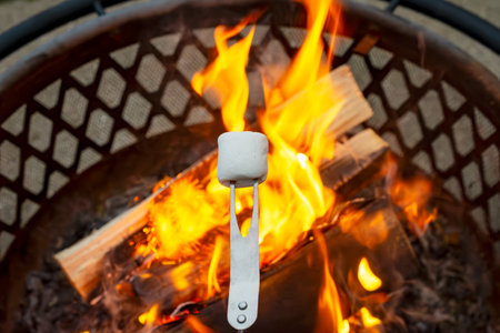 Focus is on a mashmallow stuck on a fork for roasting.  Fire blurred in background.