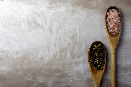 A pair of wooden spoons on a neutral tile background.  Rustic spoons are filled with Himalayan salt and peppercorns.  Copy space.の写真素材