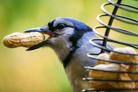 A clever Blue Jay skillfully retrieves a peanut in Waukesha County, Wisconsin. This shot highlights the intelligence and resourcefulness of the species.の写真素材