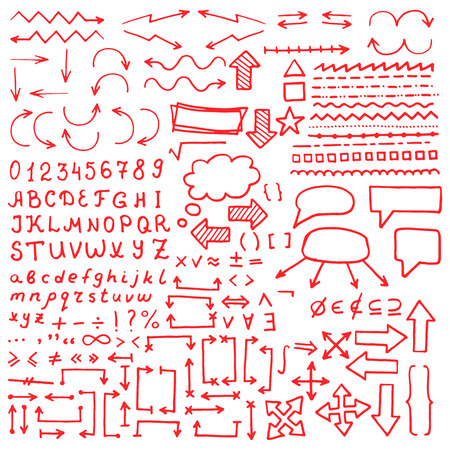 Huge set of red hand drawn elements. Arrows, lines, graphics, letters, math signs and others.のイラスト素材
