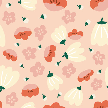 Floral pink white red seamless pattern. Spring background flowers sakura, tulips, blossoms. Vector eps. Vector illustration. Perfect for textile clothing, wrapping, fabric, social media layoutのイラスト素材