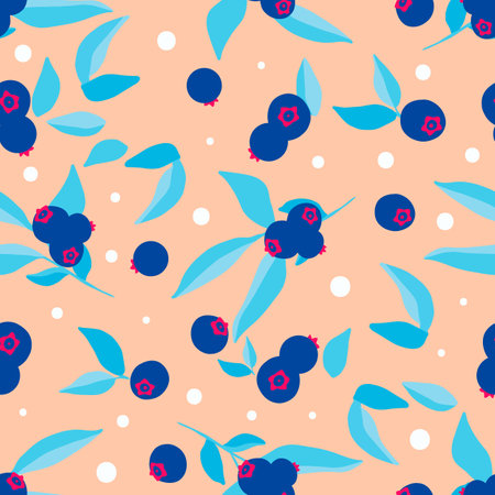 vector floral seamless pattern with blueberries on the beige background. Cute simple decoration...