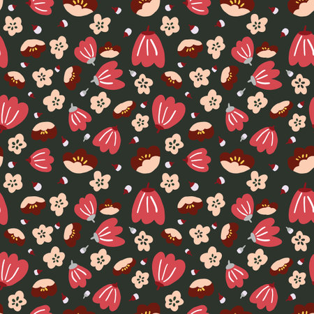 Cute cartoon floral pattern seamless red pink beige flower blossoms dark green background. Retro style spring summer trend. Modern design for paper, cover, fabric, decor, print. vector illustrationのイラスト素材