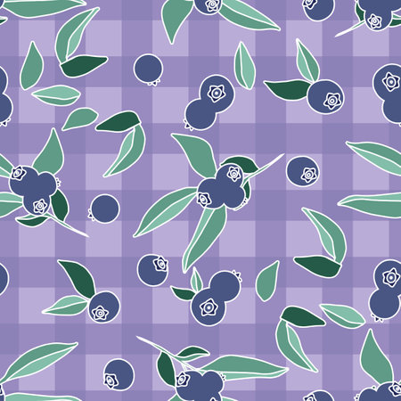 Gingham Plaid Checkered Blueberry vector seamless pattern. Surface design for Spring Summer. Outline Cartoon, Mat, Fabric, Textile, Scarf, Wrapping Paper, Social Media Layoutのイラスト素材