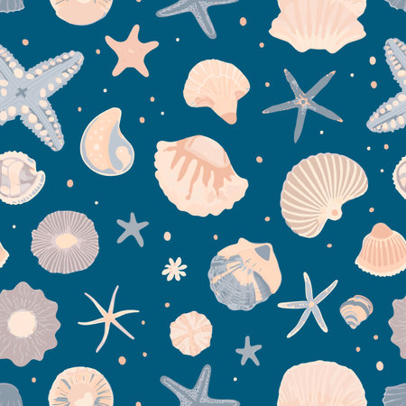 Hand drawn seashells texture vintage ocean background. vector marine illustration. Print for wallpaper, fabric, textile, cover, wrapping paper, banner, cards pattern. Hand drawn seashellsのイラスト素材