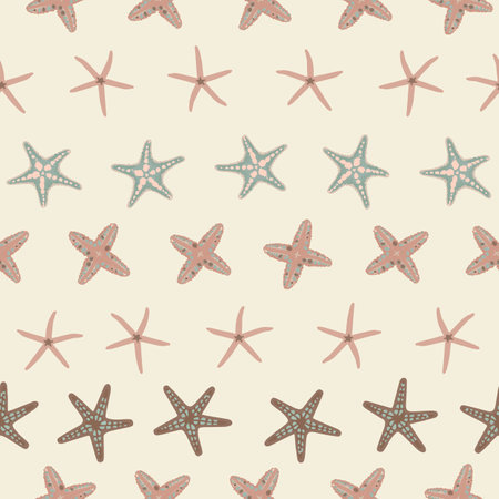 Hand drawn seamless repeating pattern with various Starfishes pastel colors, vector illustration on beige background. Trendy summer print. Textile Paper Card Social Media Designのイラスト素材