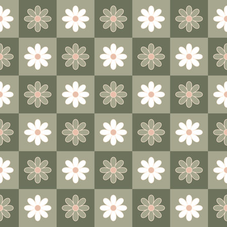Simple Aesthetic Floral Checkered Pattern Design. Vector illustration. Light Pastel Colors Pink Abstract Symmetrical Flowerのイラスト素材