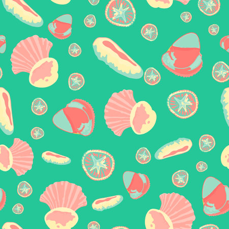 Bright colorful Seashells on light green background. Vector illustration, Playful seashells sea life design neon color scheme abstract illustration seamless repeating patternのイラスト素材