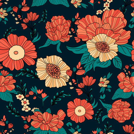 Red Yellow Floral Foliage Seamless Pattern Design. Vector illustration. Dark blue background, greenery organic nature flower design.のイラスト素材