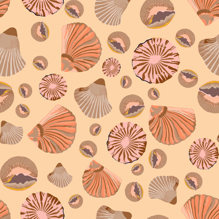 Pastel orange Seashell seamless vector pattern. Vector illustration. Sea life, different seashells, nautical, beach, seasonal, repeating pattern, sea life, summer vintage patternのイラスト素材