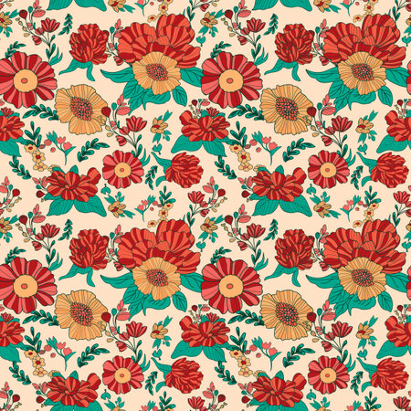 Summer Red and Yellow Floral Seamless Pattern. Vector illustration. Plant green flower life, leaves, abstract artistic design, pastel colorful repeatable seamless organic textile clothing pattern.のイラスト素材