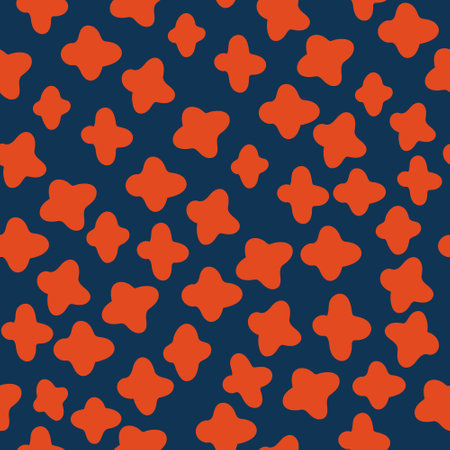 Orange Rounded Stars Dark Blue Background Pattern. Vector illustration, abstract cute, dark, soft, warm, vivid colors, seamless patternのイラスト素材