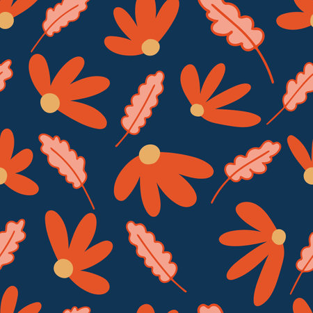 Orange, red and Blue Floral Nature Seamless Pattern. Vector illustration, Leaves autumn fall seasonal seamless pattern design illustrator bright warm colorsのイラスト素材