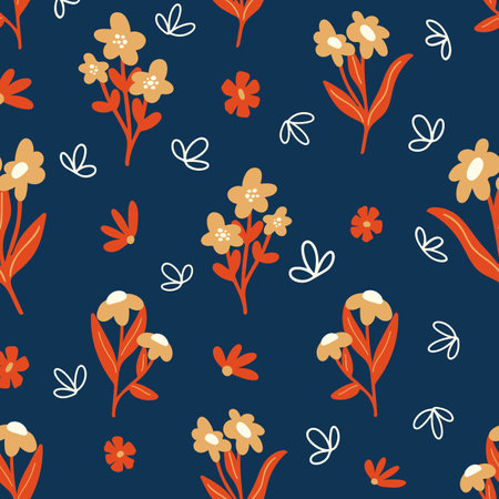 Orange Yellow Blue background Nature Floral Flowers Pattern. Vector illustration, bouquet of flowers repeating textile seasonal natural design. simple and elegantのイラスト素材