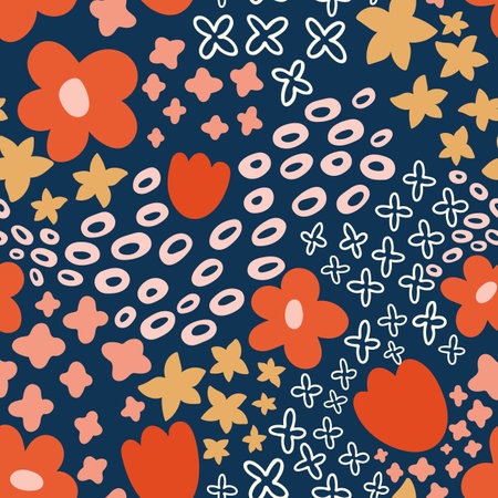 Field of Flowers Red and Blue natural Pattern. Vector illustration, Orange, light pink, and yellow dense looping seamless pattern. Textile floral daisy designのイラスト素材