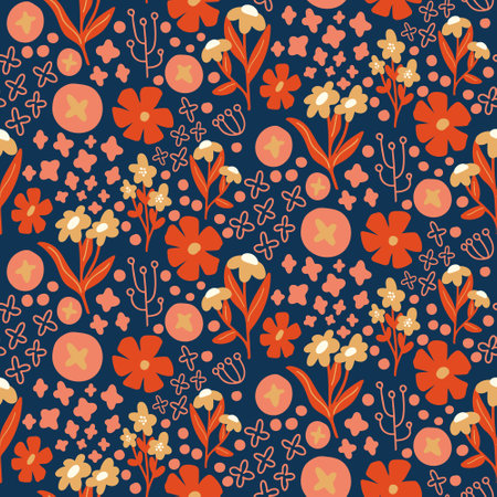 Bright Orange and Yellow Floral Seamless Pattern. Vector illustration, repeating design, autumn, fall, seasonal decorative textile pattern. Dark Blue background, backdropのイラスト素材