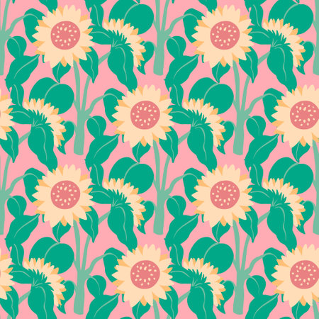 Bright yellow sunflower field on a bright pink background. A collection of garden flowers. For textiles, fabric, clothing, fashion social media layouts, web design, printables, wallpaper, home decorのイラスト素材