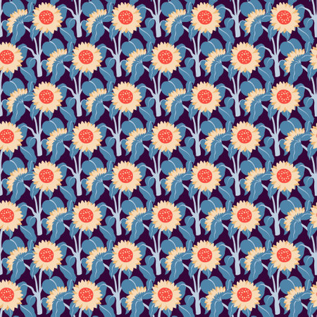Vibrant sunflower field against dark background. Garden flower botanical illustration. For textiles, fabric, clothing, fashion social media layouts, web design, printables, wallpaperのイラスト素材