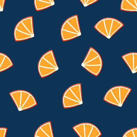 Orange Slices Pattern in Blue Background. Fresh Orange fruit repeating pattern. Vintage and retro...