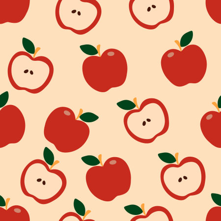 Red Apple Slices pattern. Fruit Vector illustration. Vintage and retro style for wallpaper, wrapping paper, web and digital printables, fashion, design, fabric, clothesのイラスト素材