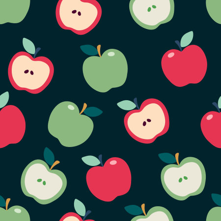 Red and Green Apples pattern. Fruit vector illustration. Vintage and retro style for wallpaper, wrapping paper, web and digital printables, fashion, design, fabric, clothesのイラスト素材