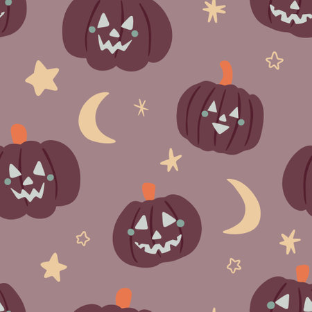 Cute Pastel Pumpkin Pattern with Moon and Stars. Vector design for Halloween, autumn, fall. Kids, kiddie. Day of the dead, all saints day. Clothing, fabric, textile, wrapping paper, printables, Darkのイラスト素材