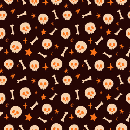 Orange Skulls, bones, and stars Halloween pattern. Vector illustration,のイラスト素材