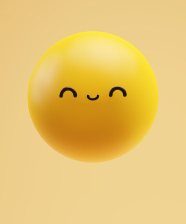 Yellow cute ball with a funny kawaii face with arc line eyes. Happiness emotion icon. Realistic 3D emoji poster and emoticonの写真素材