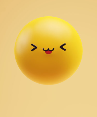 Yellow cute ball with a funny kawaii cat face with angle eyes. Joy emotion icon. Realistic 3D emoji poster and koamoji emoticon with clipping pathの写真素材