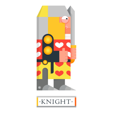 Fantasy medieval knight in full armor. Courtly dragon warrior with sword and hearts. Red and yellow and black art illustrationのイラスト素材