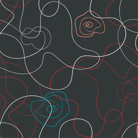 Pink poppy in a line-art abstract style. Summer garden texture. Hand-drawing countryside pattern. Spring floral seasonal illustration. Dark background. Millefleur print.のイラスト素材