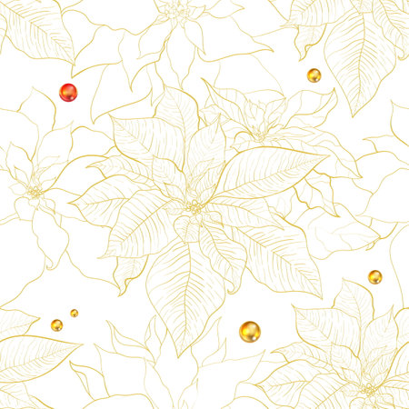 Christmas Poinsettia seamless pattern for celebration decorations. Poinsettia leaves with golden line on a white background. Design for Christmas packaging and wrapping paper or textilesのイラスト素材