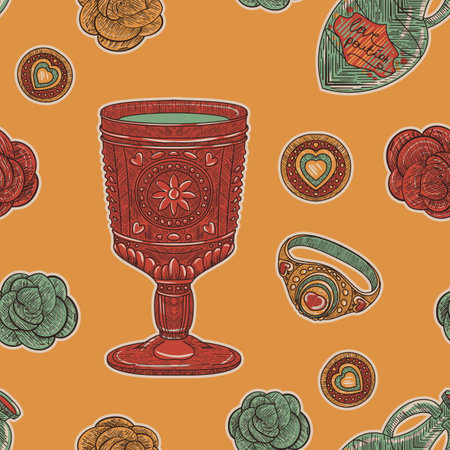 Valentine Day red vintage seamless pattern. Love cup and roses and rings in a retro sketch style on a yellow backgroundの写真素材